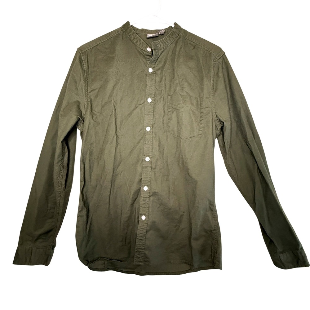 ASOS Men's Medium Olive Green Grandad Collar Stretch Cotton Shirt Band Collar